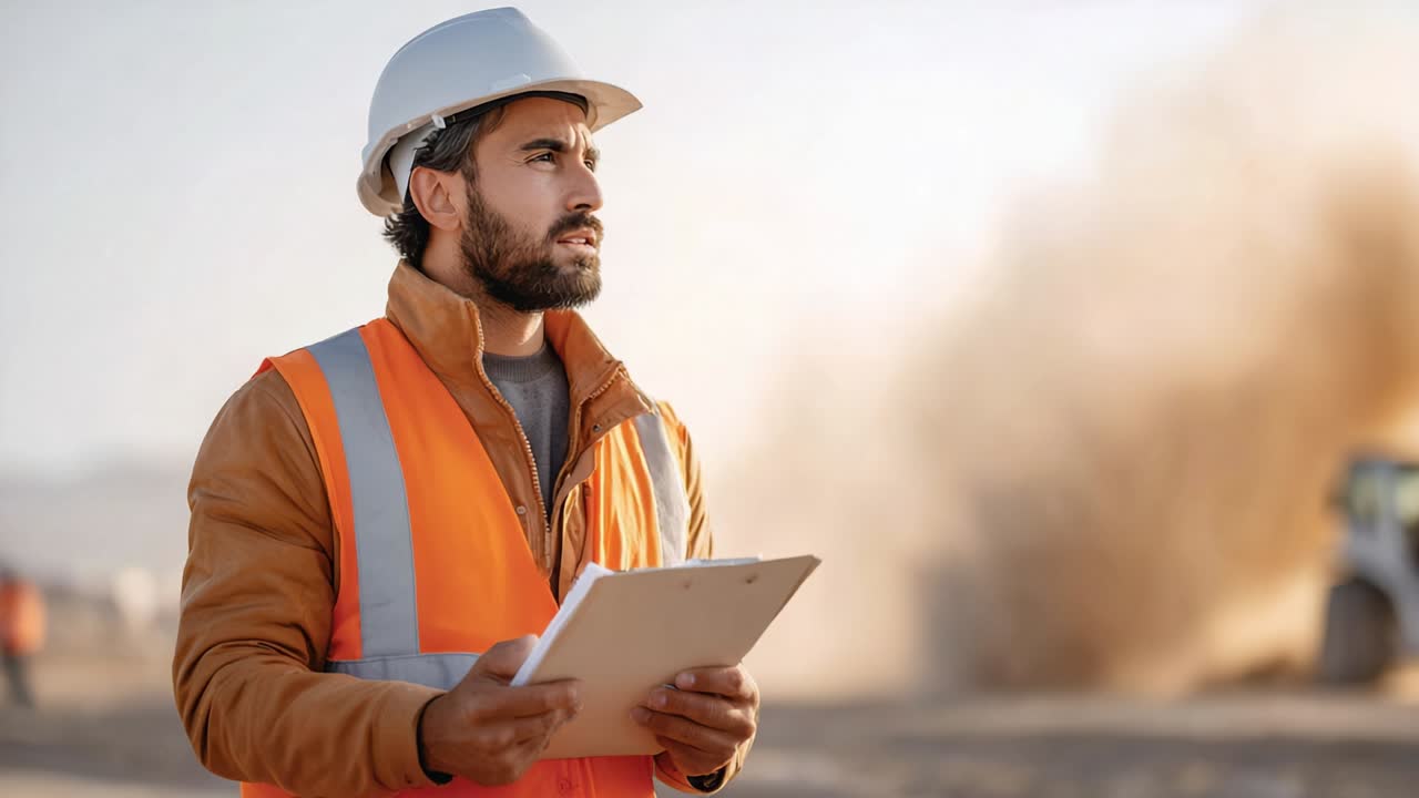 Obrero de la construcción supervisando el progreso y la seguridad de la obra con un portapapeles en la mano, vestido con equipo de protección y mostrando un entorno profesional.