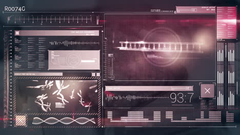 animation of digital data processing and dna strand over screens