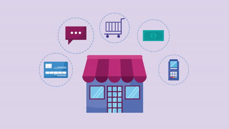 online commerce animation with icons around of store