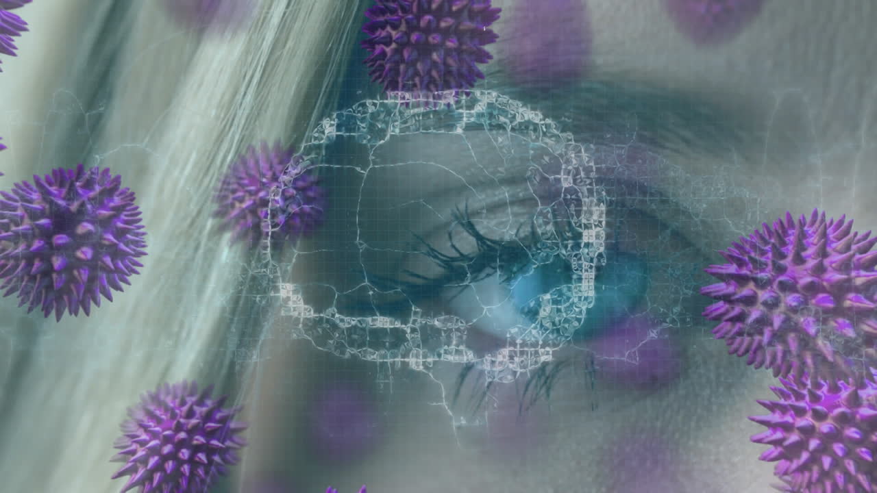 Animazione di cellule Covid-19 e cervello umano sul viso di una donna