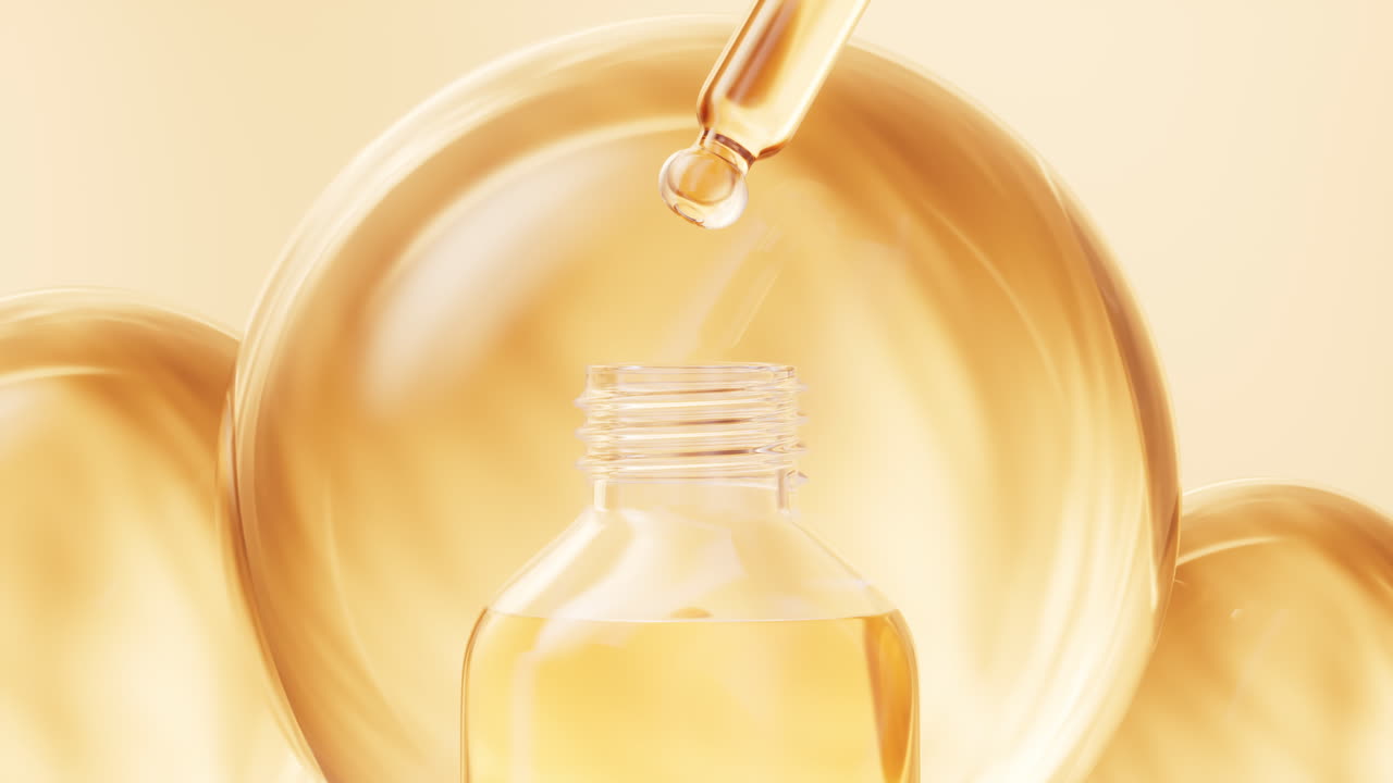 골든 화장품 액체 드롭퍼 및 병, 3d 렌더링