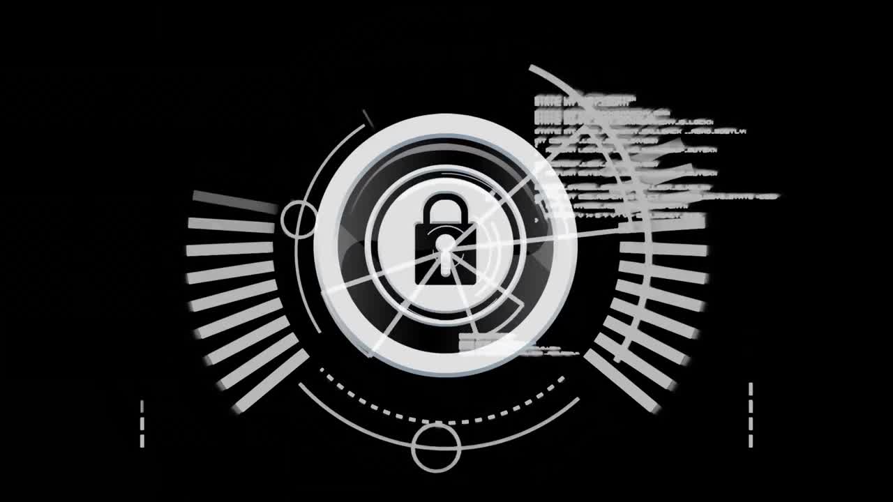 Animation of online security padlock with scope scanning in background