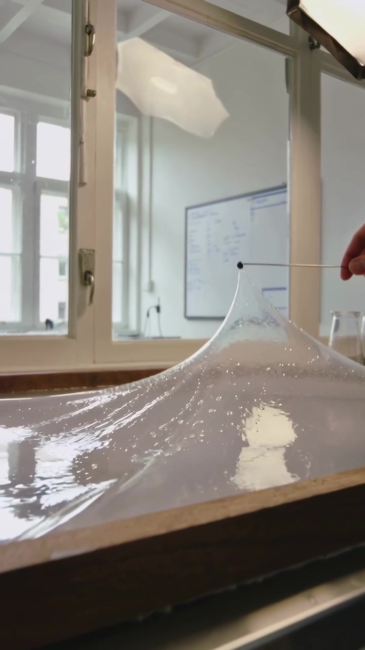 Vertical video: Contacting film, hand pulling rod forming soap dome on wooden tray at lab for demo