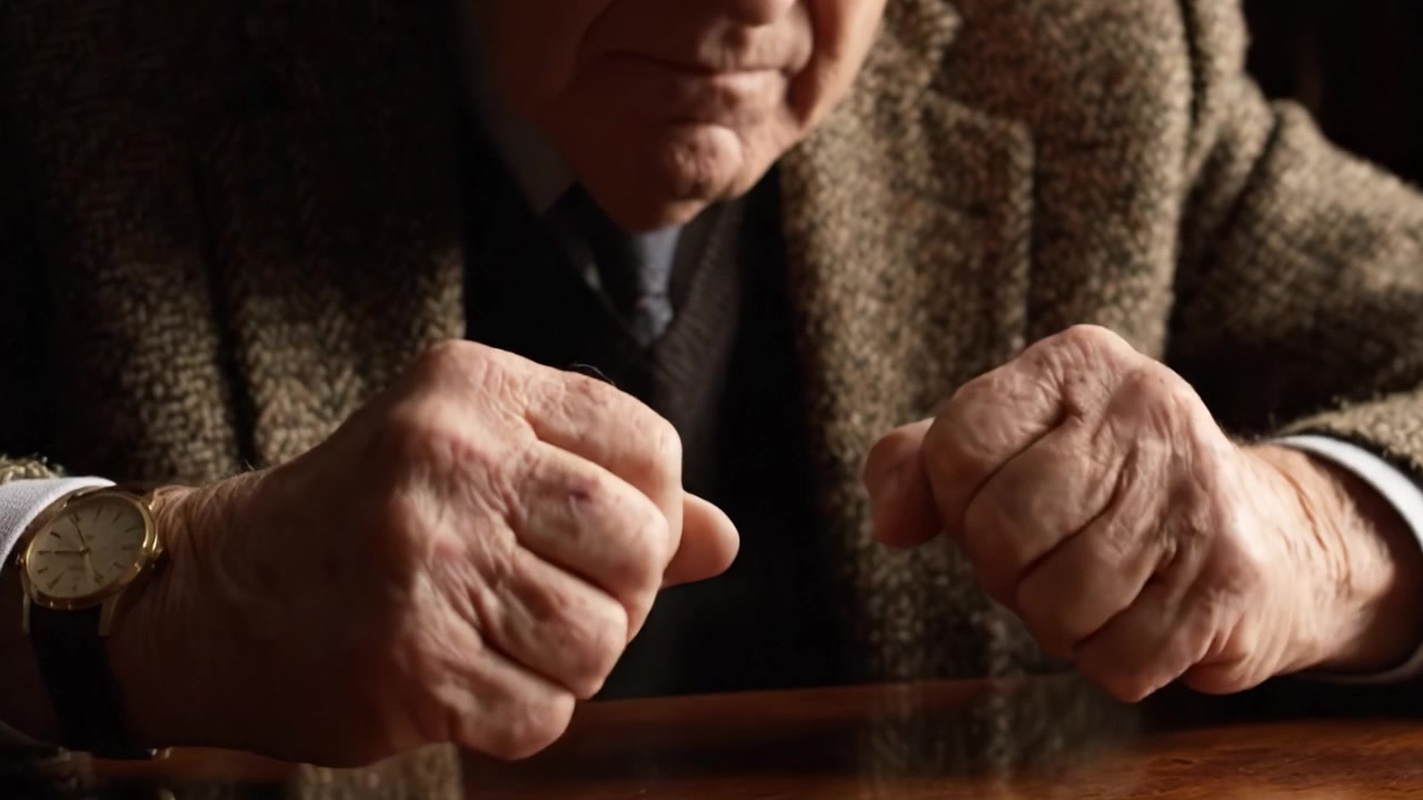 Un viaggio ravvicinato attraverso le mani del tempo: le riflessioni di un uomo anziano catturate in due fotogrammi, che mostrano emozione e momenti di vita in ogni dettaglio.