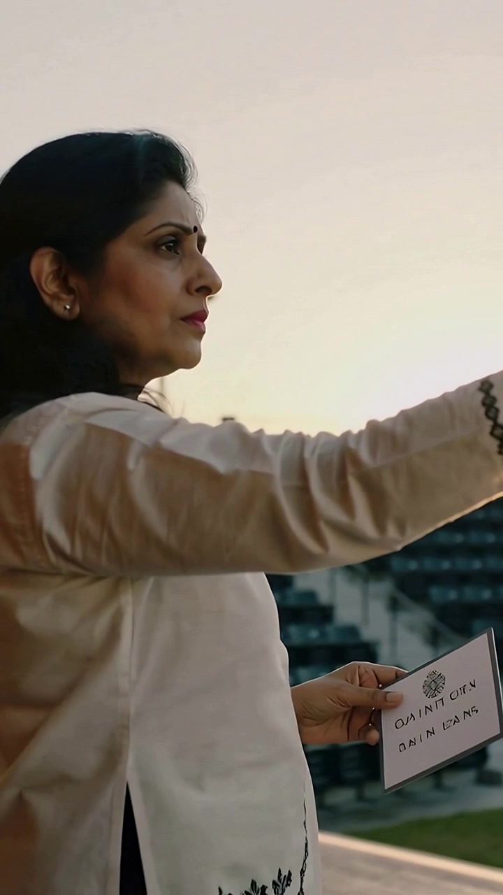 Video vertical: Mujer levantando el brazo, iluminada por el sol bajo, sosteniendo una tarjeta en las gradas, con túnica larga.