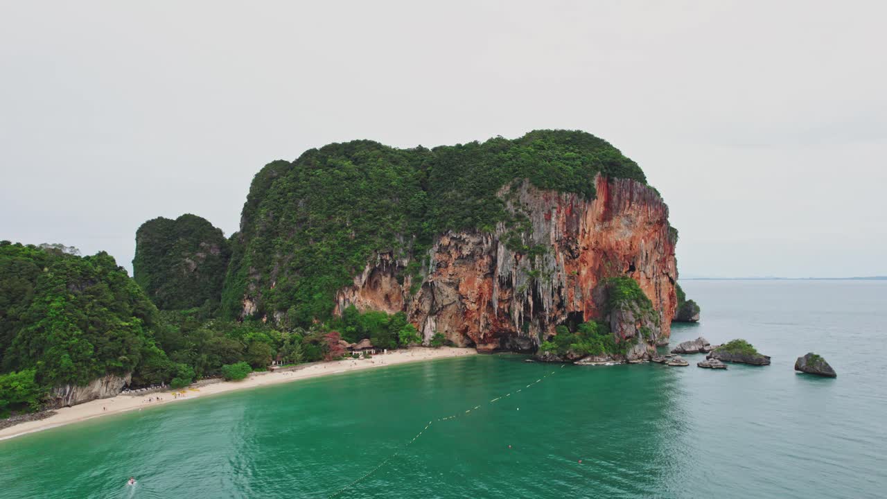 Aerial Drone View of Phra Nang Beach in Thailand with Limestone Cliffs
