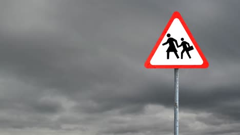 Pedestrian-crossing-sign-board-post-against-dark-clouds-in-the-sky