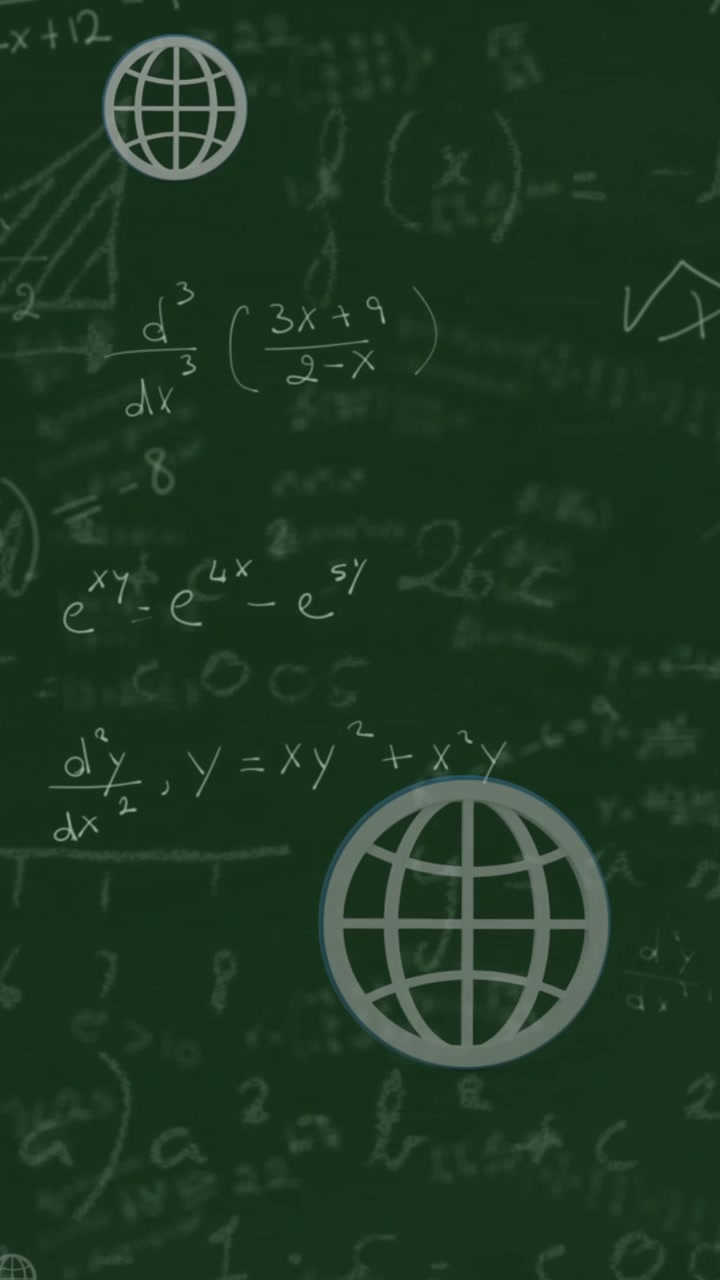 Animazione di equazioni matematiche e icone di globo web che fluttuano su sfondo verde