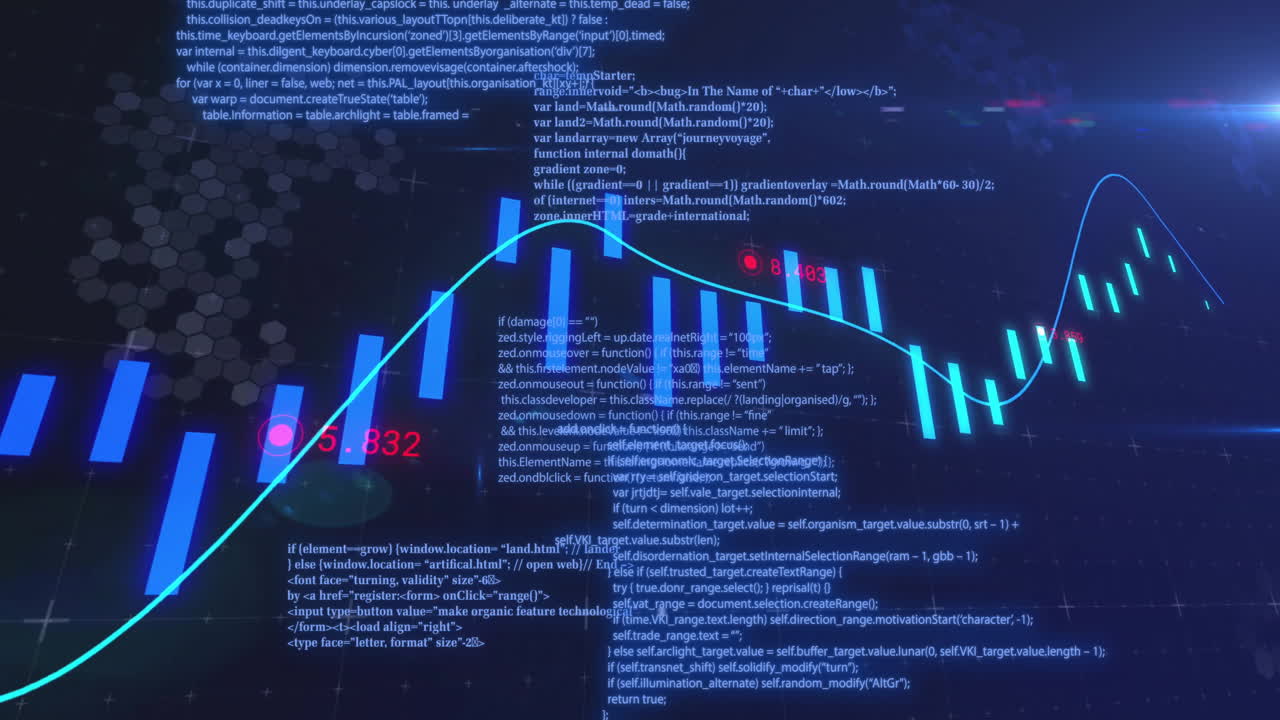 Animation of financial data processing over black background