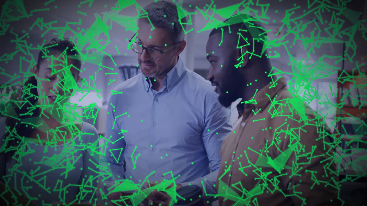 Business analyst tapping tablet stylus and generating network overlay as colleagues examining data