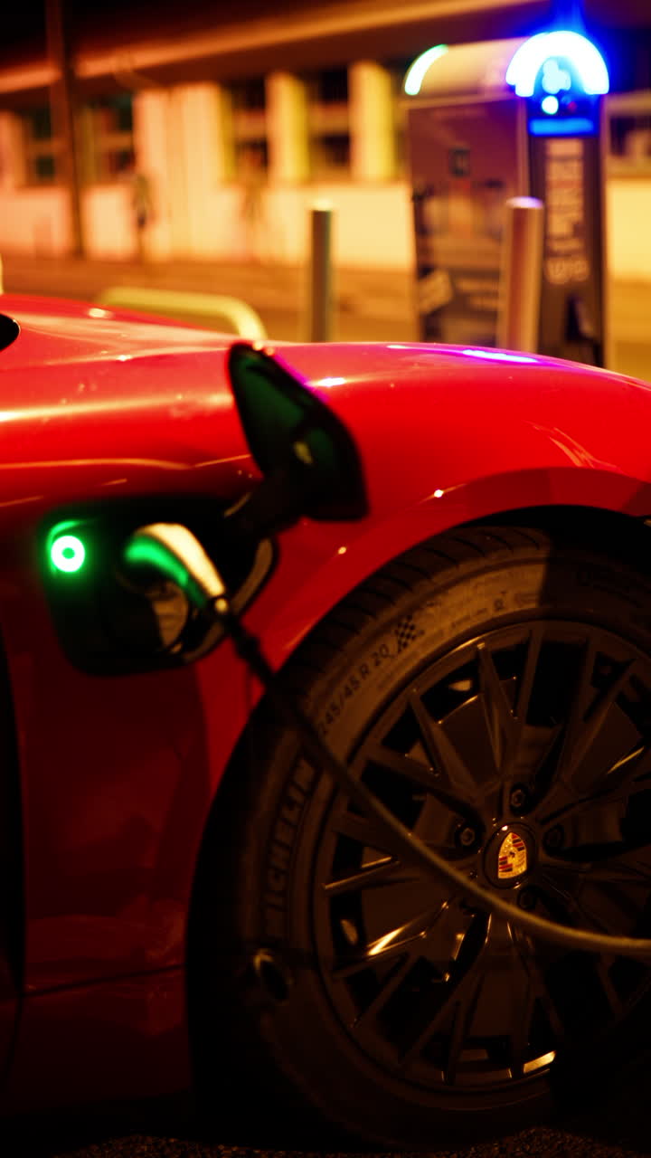 Red, electric car charging on the street at night. Vertical