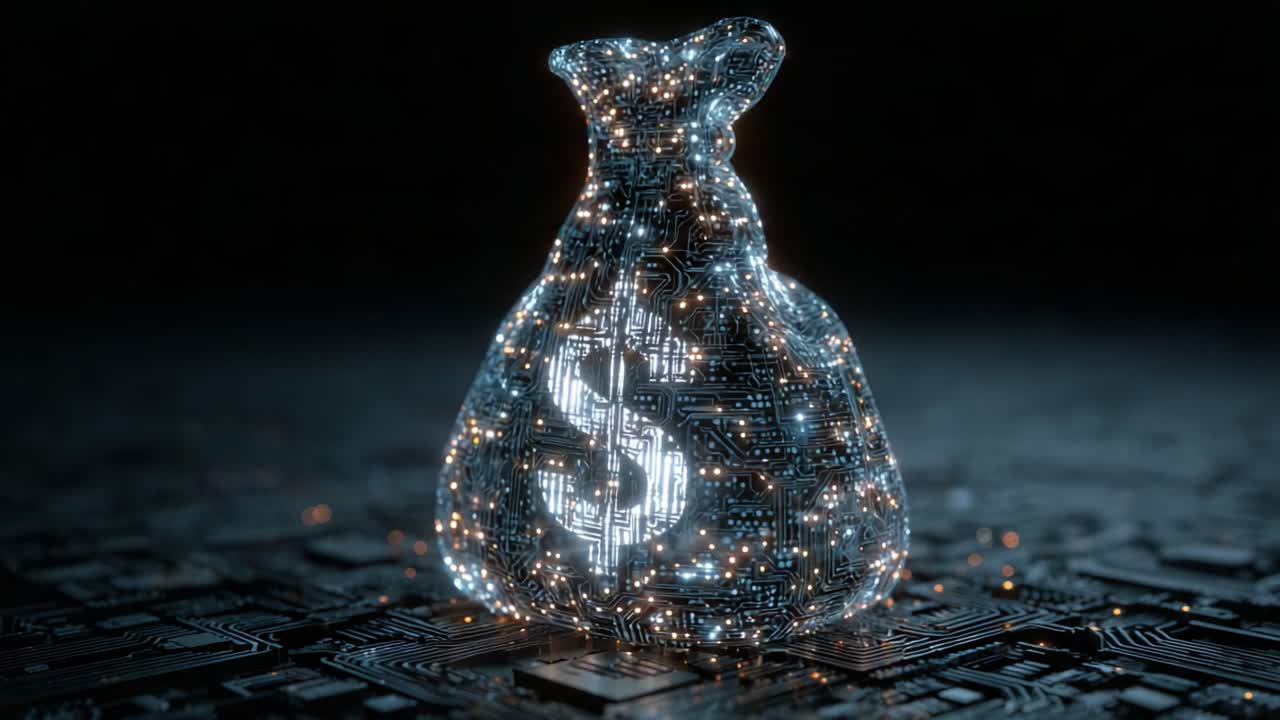 A Glowing Digital Money Bag Symbolizing Wealth and Innovation on a Circuit Board Background, Representing the Fusion of Finance and Technology
