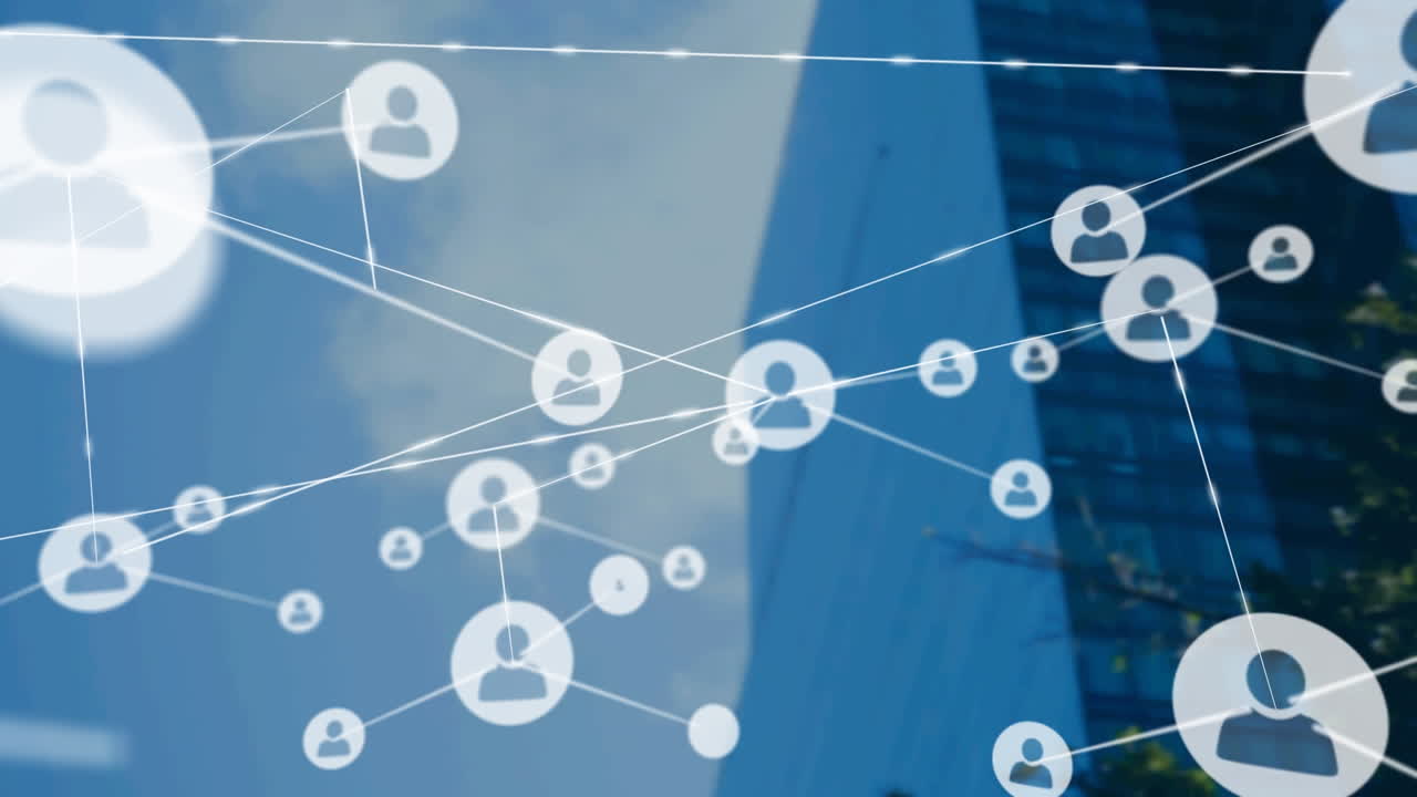 Animation of network of connections with icons over modern building