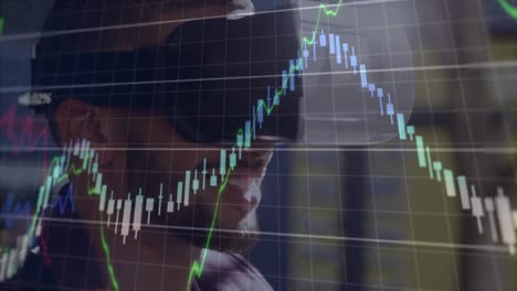 animación del procesamiento de datos financieros sobre un hombre de negocios con auriculares vr