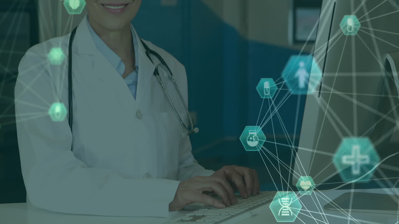 Typing on laptop, doctor with stethoscope, medical network animation over scene