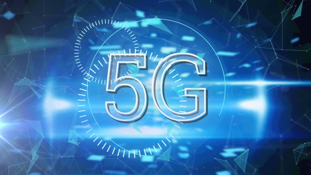 animazione di testo 5g con scansioni su sfondo blu incandescente