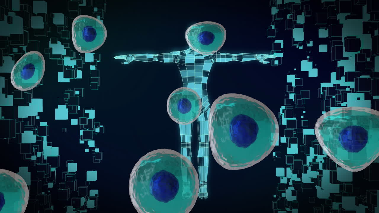 Animation of floating cells over digital human on black background