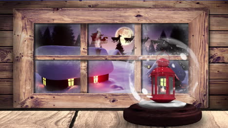 animación de globo de nieve, silueta de papá noel en trineo