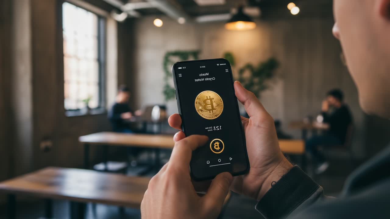 Exploring Cryptocurrency: A Person Holding a Smartphone Displaying Bitcoin in a Modern Café Setting, Reflecting the Digital Currency Revolution