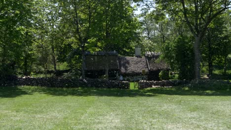 pollen flies in front of traditional cottage in countryside, bolsestugan, sweden