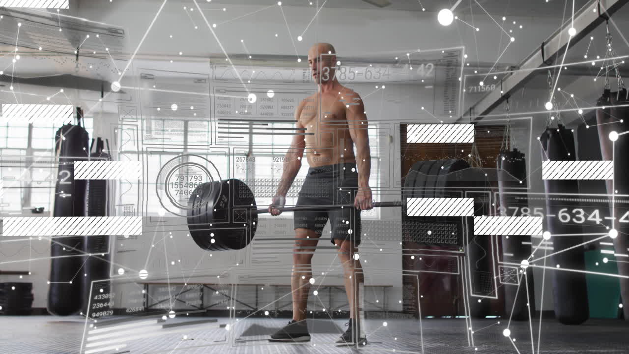 Lifting weights, man with animation of digital data and network connections