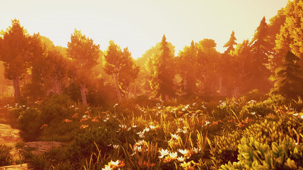 일몰 에 푸른 숲 이 꽃피고 있는 만화