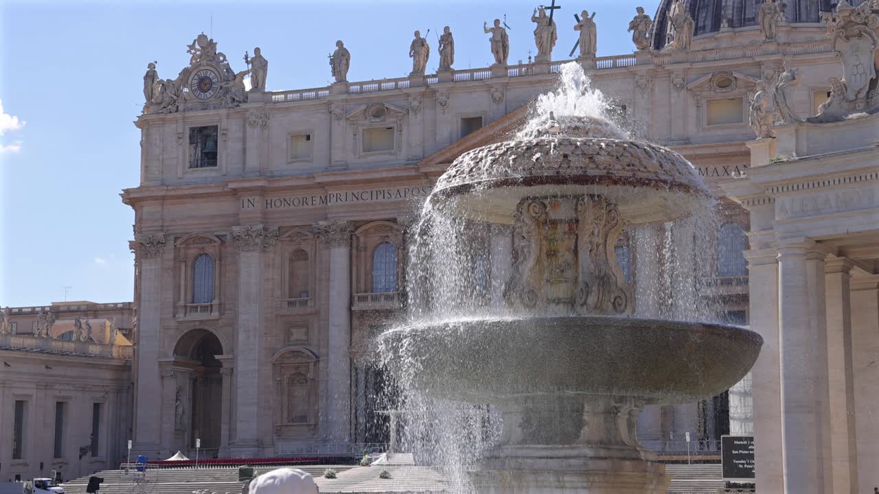 Fountain at St. Peter’s Basilica in Vatican City Sunny Day slow motion