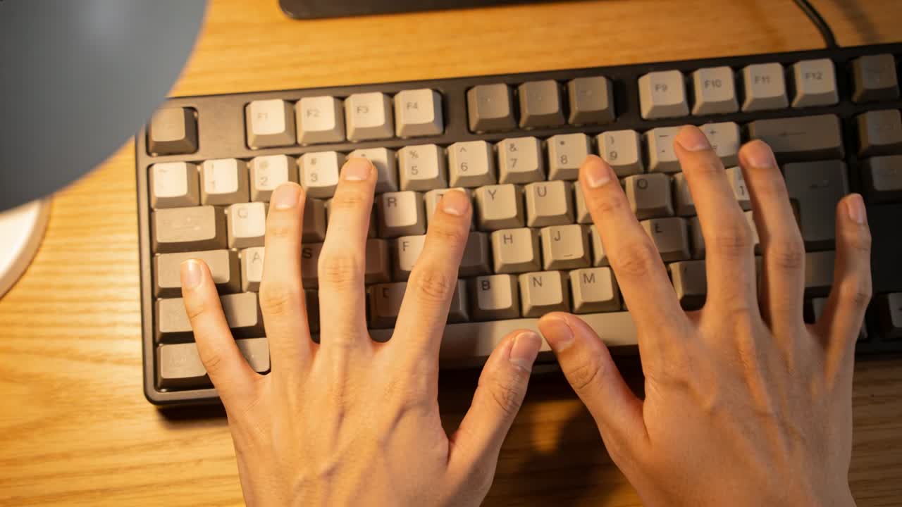 Spreading pair of bare hands beginning to type on compact mechanical keyboard under warm lamp light