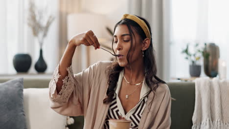 woman, eat and ice cream for enjoy at home to