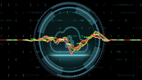 animation of padlock with cloud and scope scanning over data processing