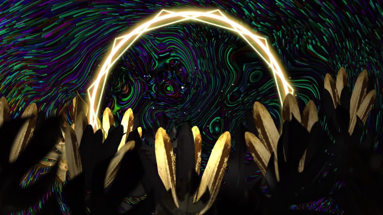 다채로운 액체 소용돌이 배경 위에서 반 ⁇ 이는 아크로 조명 된 식물 잎