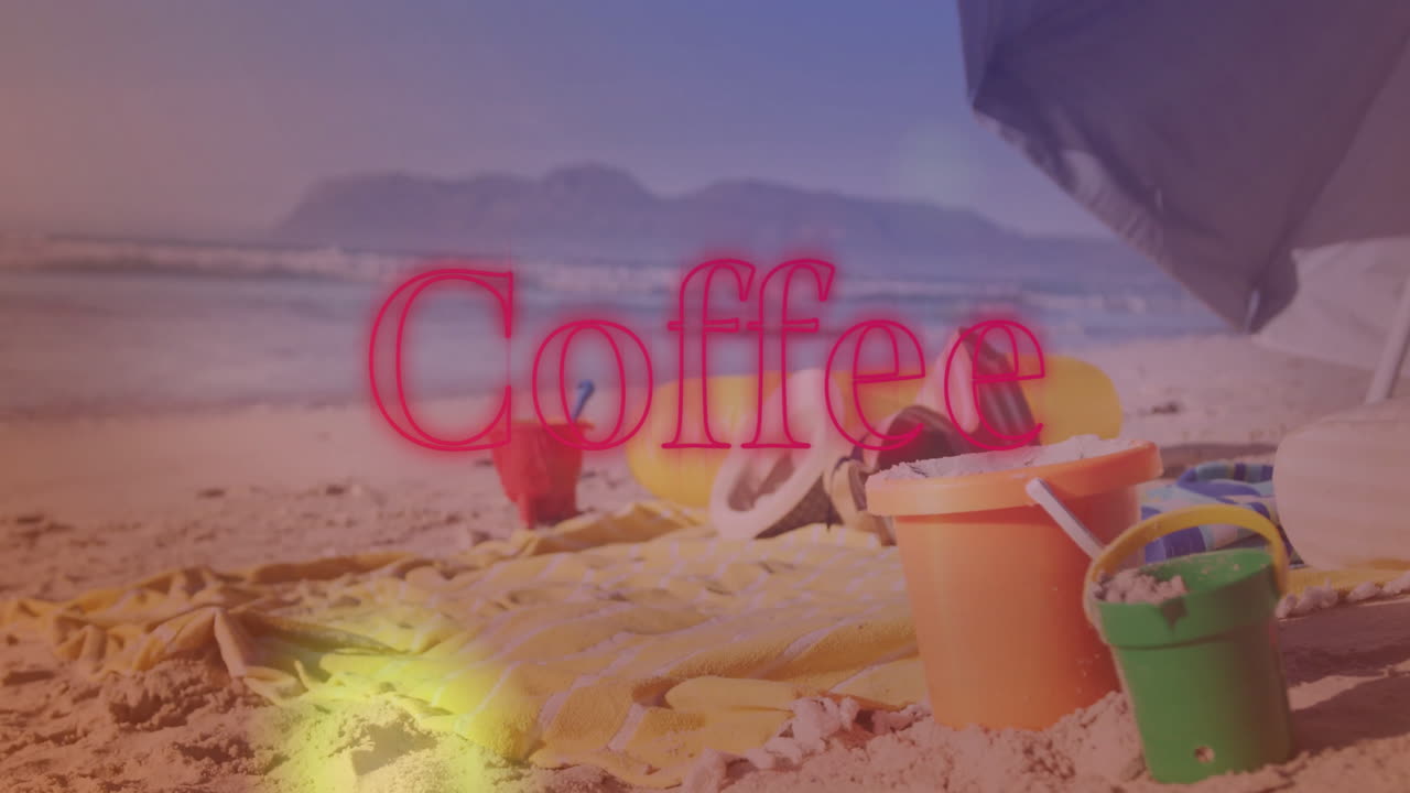 Colorful buckets on beach with vibrant Coffee animation text overlay