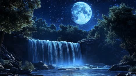 mystical moonlight waterfall in a forest