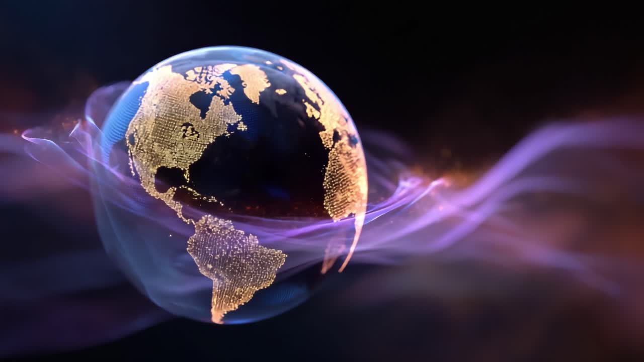 Una visualizzazione mozzafiato della Terra circondata da eterei fili di luce, che evidenziano i continenti con dettagli luminosi e brillanti e una magica aura cosmica