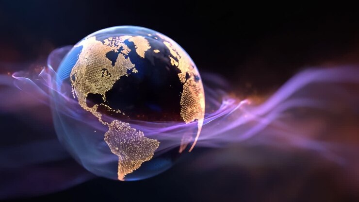 Una visualizzazione mozzafiato della Terra circondata da eterei fili di luce, che evidenziano i continenti con dettagli luminosi e brillanti e una magica aura cosmica