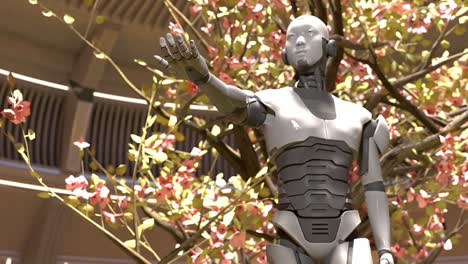 Inteligencia-Artificial-Conexión-Madre-Tierra-En-La-Naturaleza-Con-árbol-Floreciente-Robot-Prototipo-Conciencia-Cyborg