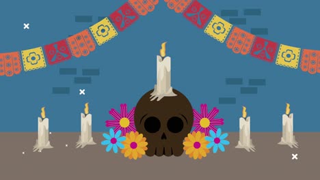 celebración del día de los muertos con vela en el cráneo