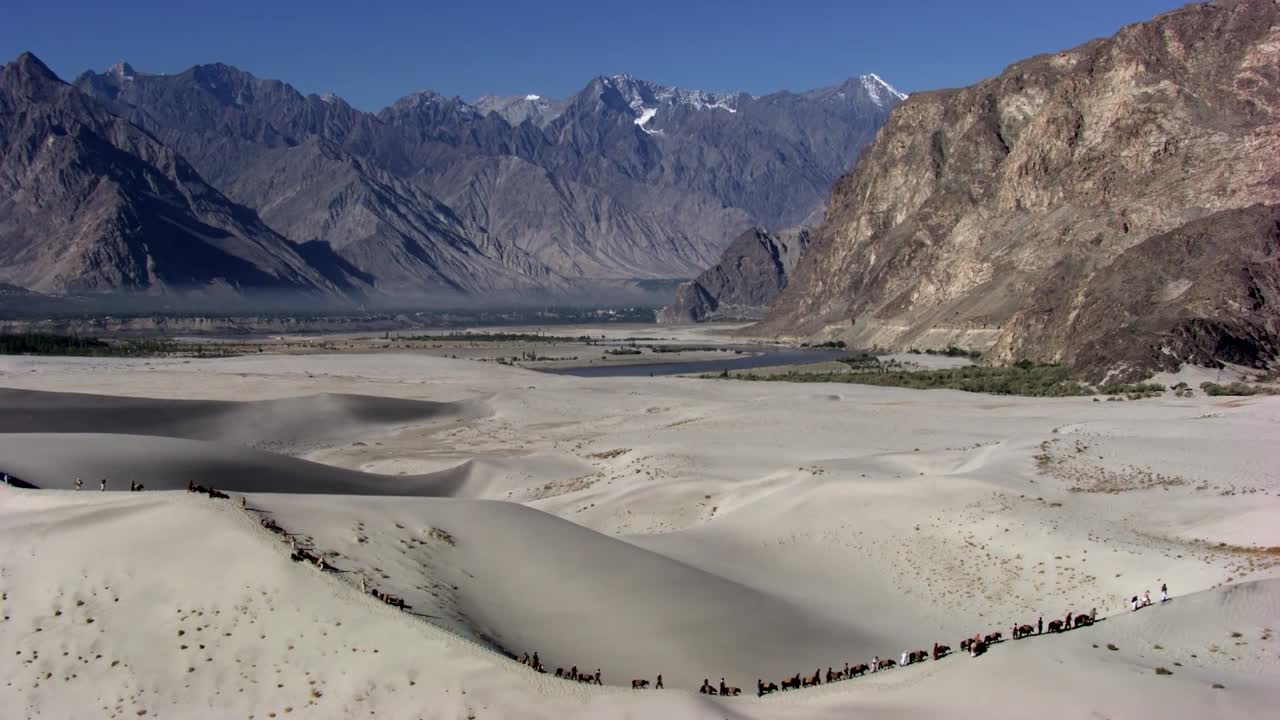 A dramatic desert scene featuring a line of camels and travelers traversing golden sand dunes, set against a backdrop of rugged, snow-capped mountains