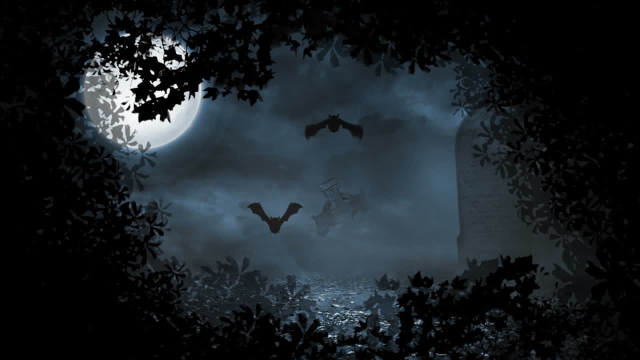 Scena di cimitero spettrale con luna piena e ombre inquietanti, animazione su paesaggio