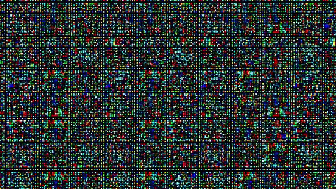 Vista ravvicinata di una matrice di pixel illuminata che riempie la scena con moduli rettangolari ripetuti di piccoli quadrati colorati separati da linee di griglia scure e sottili fluttuazioni di luminanza, con pixel, matrice.