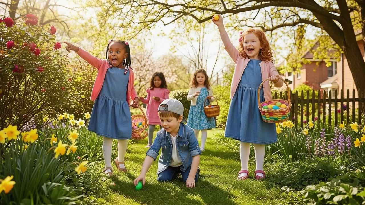 Une joyeuse célébration de chasse aux œufs de Pâques dans un magnifique jardin avec des enfants cherchant avec enthousiasme des œufs colorés et profitant d'une journée printanière ensoleillée