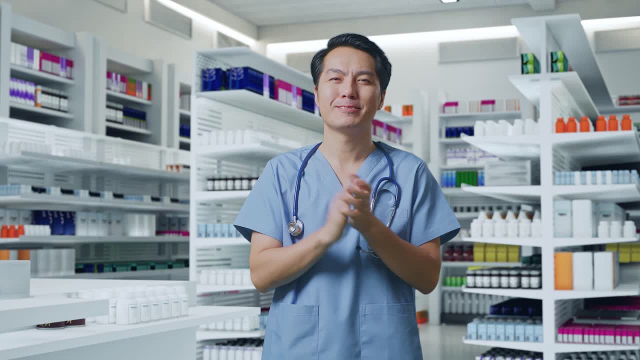 스테토스코프 를 들고 약국 에서 손 을 박수 치는 아시아인 남성 의사