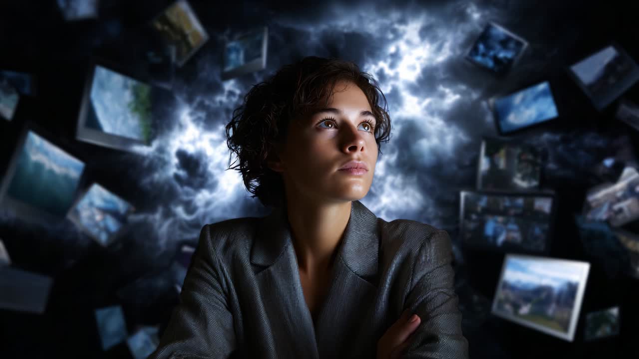 A contemplative figure surrounded by floating images, embodying a moment of reflection and deep thought amid a dynamic backdrop that suggests creativity and the flow of ideas