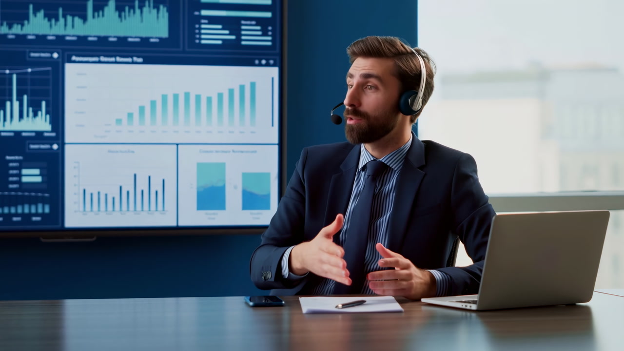 Man With Headset Presenting Financial Charts In Modern Office, Laptop On Table, Gesturing To Large Screen