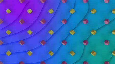 animation of rows of 3d cubes over purple to blue wave pattern background