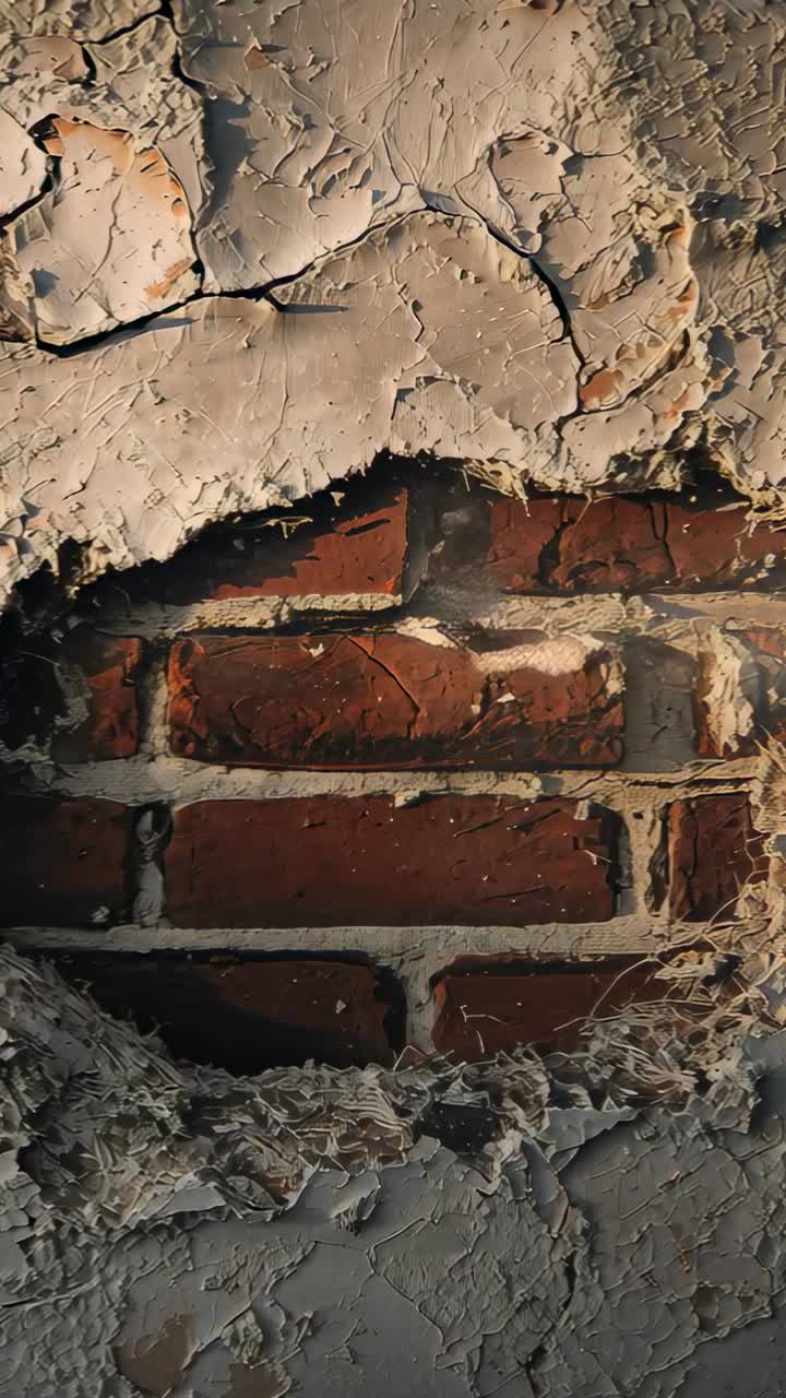 Vertical video: Closeup framing damaged plaster at wall, showing red bricks, mortar for inspection