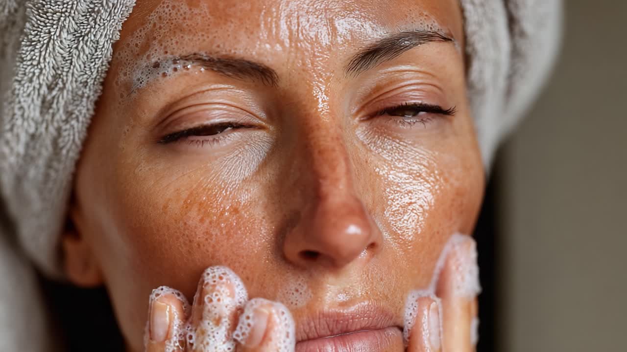 A Close-Up of a Woman's Face During a Relaxing Skincare Routine, Capturing the Essence of Cleansing and Pampering with Foamy Cleanser and Serenity