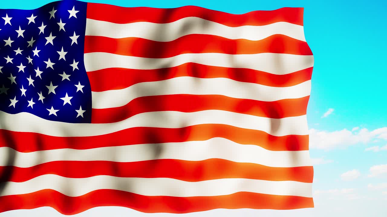 A stunning 3D animation CGI render of the American Flag waving dynamically against a dramatic, cloudy sky. Excellent video footage for patriotism, news, and political themes