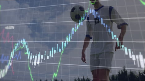 Juggling soccer ball, player with animation of financial graph trends in background
