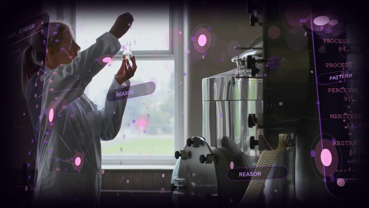 Lab technician lifting sample from waist, holding it to window, inspecting clarity amid holograms